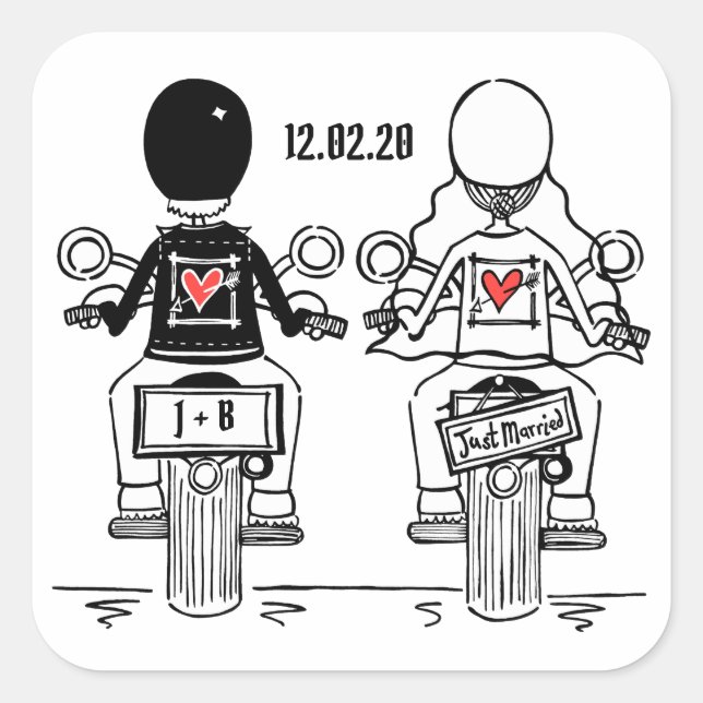 Personalisierte Biker-Motorrad-Hochzeitskleber Quadratischer Aufkleber (Vorderseite)