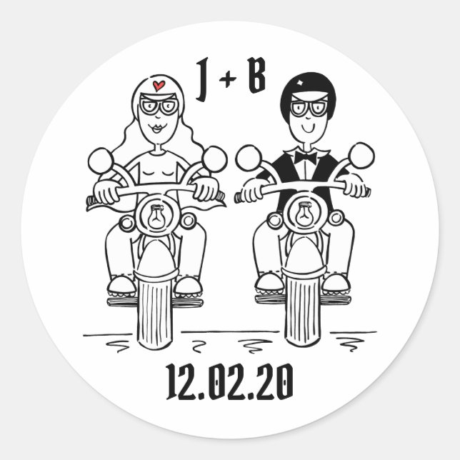 Personalisierte Biker-Motorrad-Hochzeitskleber Runder Aufkleber (Vorderseite)