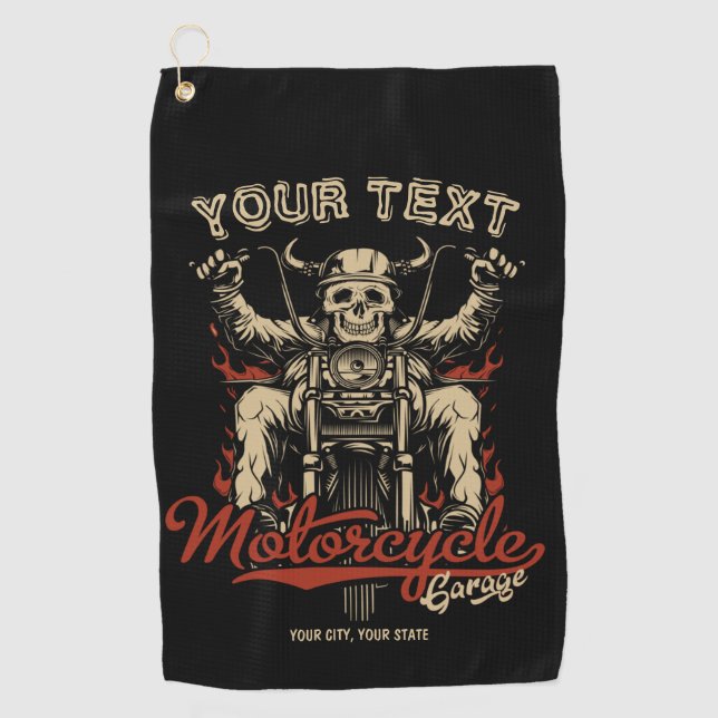 Personalisierte Biker Skeleton Motorrad Shop Garag Golfhandtuch (Vorderseite)