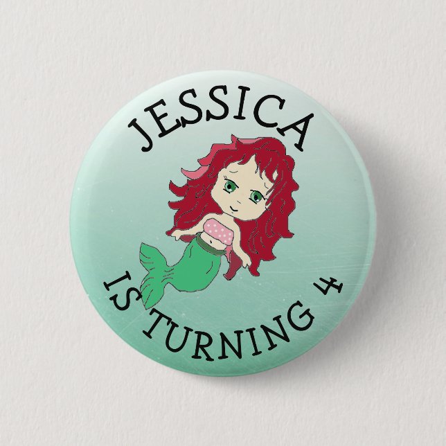 Personalisierte Birthday Girl Red Hair Mermaid But Button (Vorderseite)