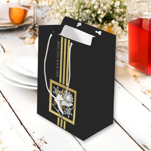 Personalisierte Black and Gold Glitzer Ice Skaten Mittlere Geschenktüte (Von Creator hochgeladen)