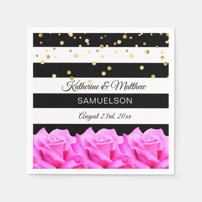 Personalisierte Black Floral Pink Roses Gold Hochz Serviette (Vorderseite)