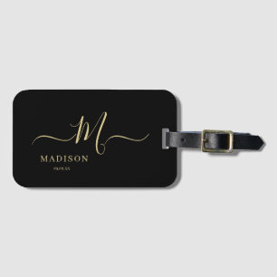 Personalisierte Black Gold Monogram Script Hochzei Gepäckanhänger