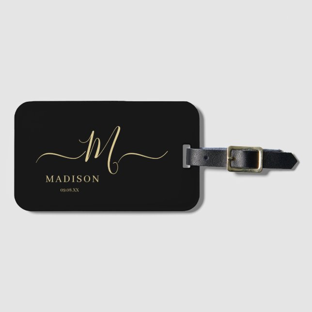 Personalisierte Black Gold Monogram Script Hochzei Gepäckanhänger (Vorderseite (Horizontal))