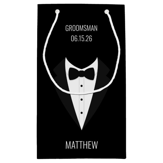 Personalisierte Black Tuxedo Wedding Trauzeugen Kleine Geschenktüte (Rückseite)