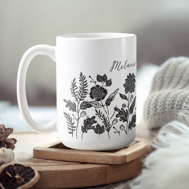 Personalisierte Blätter Herbst Blume Schwarz Kaffeetasse (Personalized Foliage Autumn Flowers Black Coffee Mug)