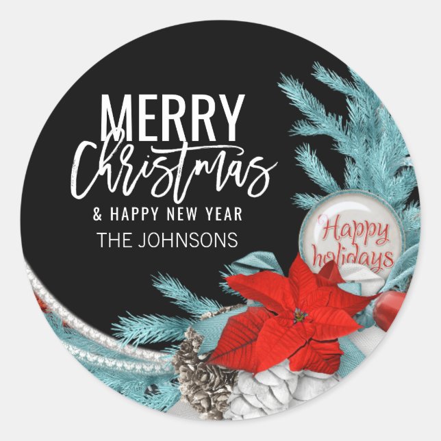Personalisierte BLAU Black Red MERRY CHRISTMAS Runder Aufkleber (Vorderseite)