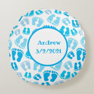 Personalisierte blaue Baby-Jungen-Babyfüße Rundes Kissen