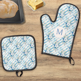Personalisierte blaue Blumenstreifen-Landküche Ofenhandschuh & Topflappen-Set