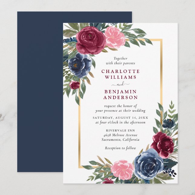 Personalisierte blaue Burgundgoldblüte Einladung (Vorne/Hinten)