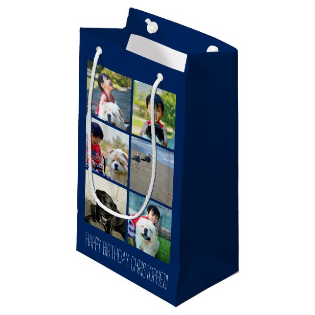 Personalisierte blaue Foto-Mosaik-Bild-Collage Kleine Geschenktüte (Vorderseite Schrägansicht)