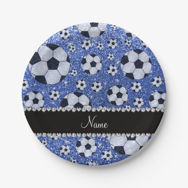 Personalisierte blaue Glitterfußbalnamensbälle Pappteller (Vorderseite)