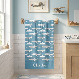 Personalisierte blaue Kinderflugzeuge Badehandtuch
