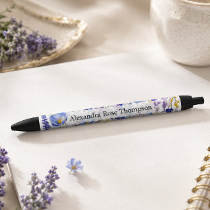 Personalisierte Blaue Lila Wildblumen-Wasserfarbe Kugelschreiber