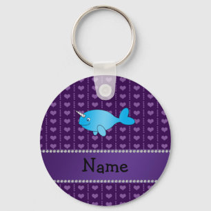 Personalisierte blaue narwhal lila Namensherzen Schlüsselanhänger