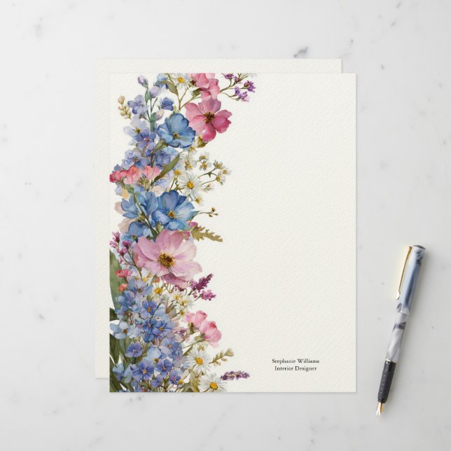 Personalisierte blaue rosa weiße Wildblumen Blumen Briefbogen (Vorderseite/Rückseite Beispiel)