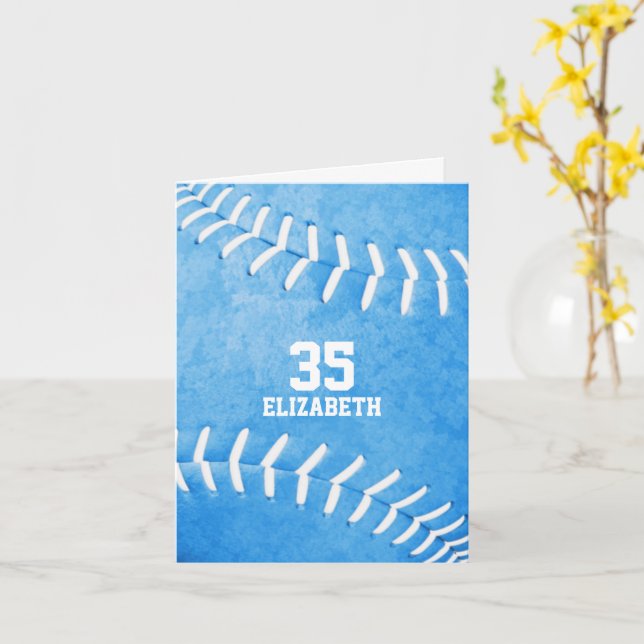 personalisierte, blaue Softball-Sportarten Karte (Gelbe Blume)