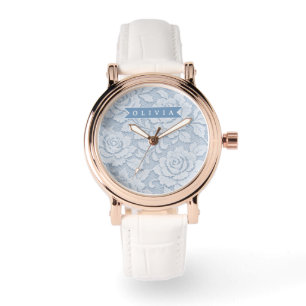 Personalisierte Blaue Spitze Floral Elegant Romant Armbanduhr