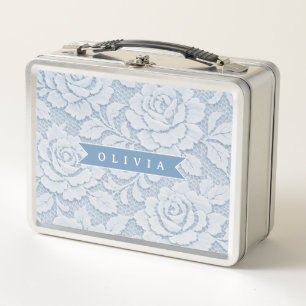 Personalisierte Blaue Spitze Floral Elegant Romant Metall Brotdose
