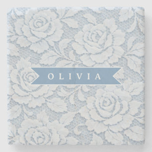 Personalisierte Blaue Spitze Floral Elegant Romant Steinuntersetzer