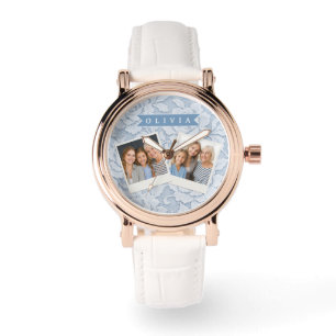 Personalisierte Blaue Spitze Florale Elegante Roma Armbanduhr