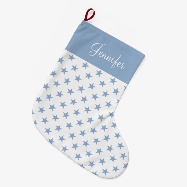 Personalisierte blaue Sterne Großer Weihnachtsstrumpf (Vorderansicht (hängend))