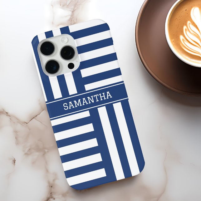 Personalisierte blaue Streifen Chic White Name Mod Case-Mate iPhone Hülle (Personalized Blue Stripes Chic White Name Modern Case-Mate iPhone Case)