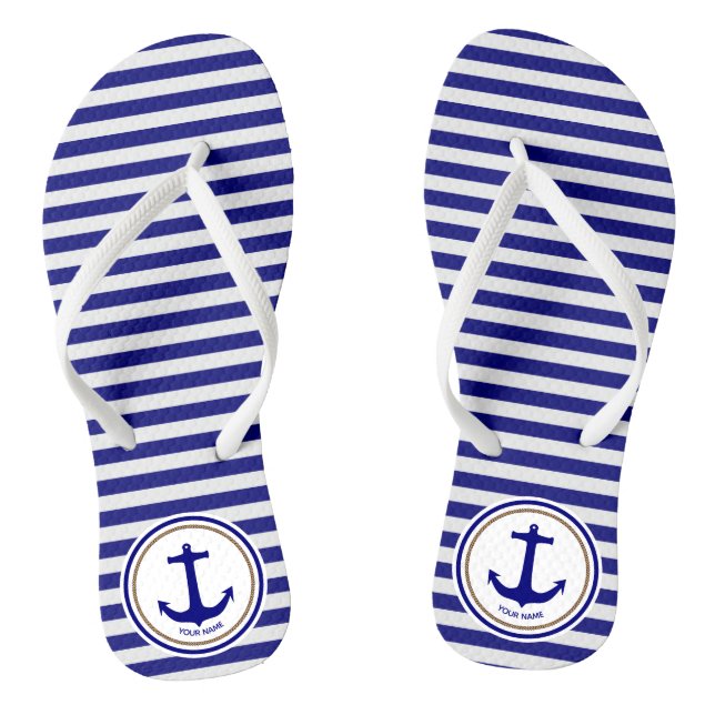 Personalisierte blaue Streifen und Anker der Navy Flip Flops (Fußbett)