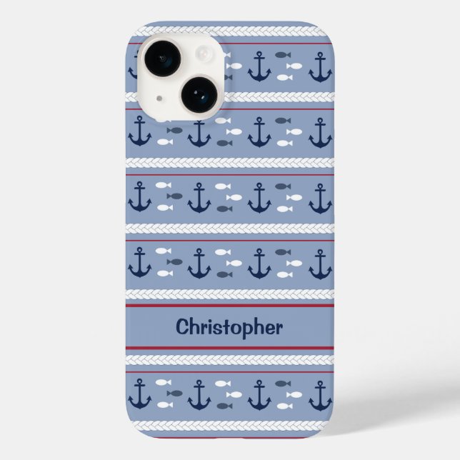 Personalisierte blaue und weiße Anker Case-Mate iPhone 14 Hülle (Rückseite)