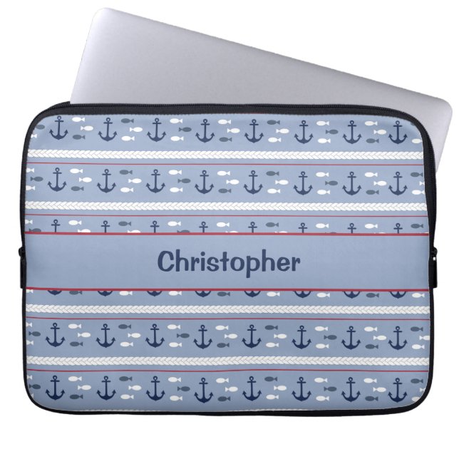 Personalisierte blaue und weiße Anker Laptopschutzhülle (Vorderseite)