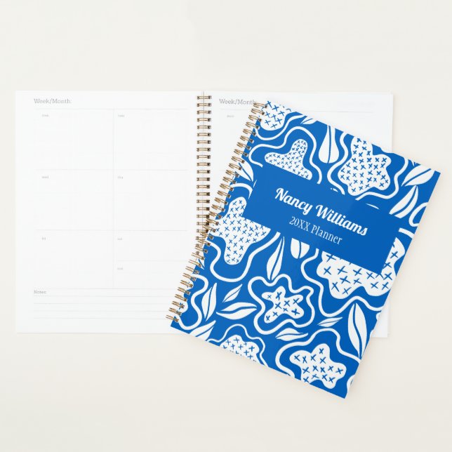 Personalisierte blaue und weiße Kreuzstich Planer (Anzeige)