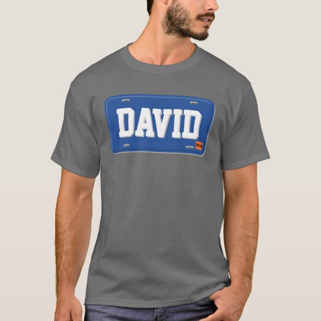 Personalisierte blaue und weiße Lizenz-Platte T-Shirt (Vorderseite)