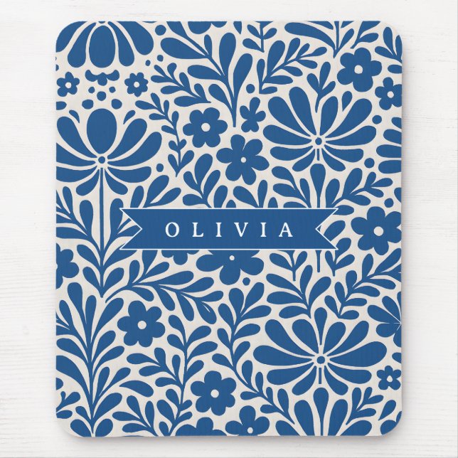 Personalisierte Blaue Volkstümliche Blumenmuster N Mousepad (Vorne)