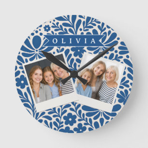 Personalisierte Blaue Volkstümliche Florale Nordis Runde Wanduhr