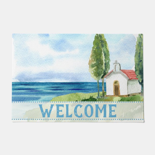 Personalisierte Blue Coastal Beach Church Fußmatte (Vorderseite)