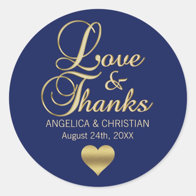 Personalisierte BLUE Gold LIEBE & DANKE Hochzeit Runder Aufkleber (Vorderseite)