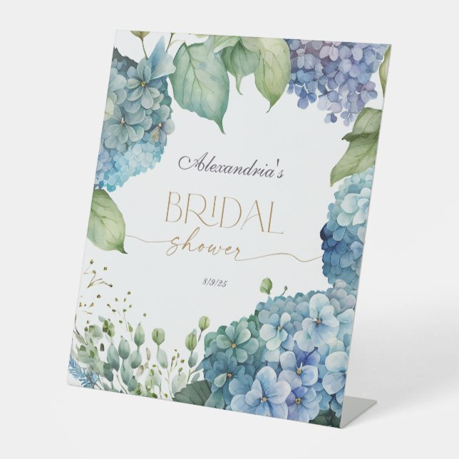 Personalisierte Blue Hydrangeas Hochzeitsparty Sockelschild (Vorderseite)