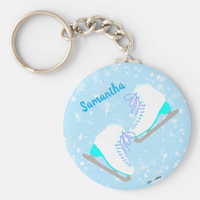 Personalisierte Blue Ice Skate Niedlich Kawaii Abb Schlüsselanhänger (Vorne)