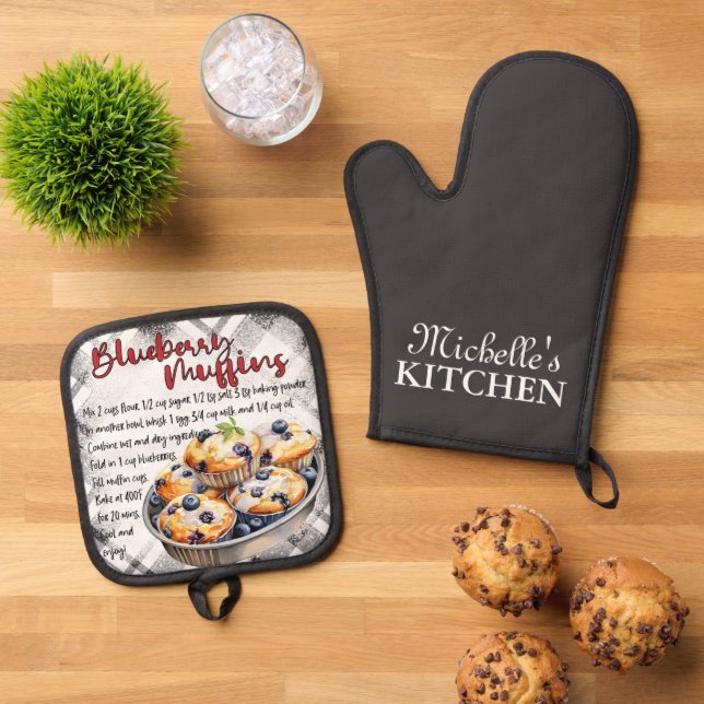 Personalisierte Blueberry Muffins Backrezeption Ofenhandschuh & Topflappen-Set (Oben Unten)