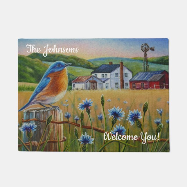 Personalisierte Bluebird Cornblumen Sommerfarm Art Fußmatte (Vorderseite)