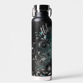 Personalisierte Blume aus schwarzem und Aquamarine Trinkflasche