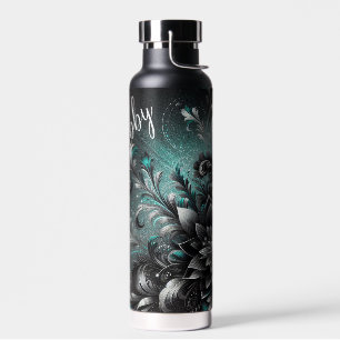 Personalisierte Blume aus schwarzem und Aquamarine Trinkflasche