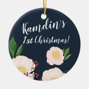 Personalisierte Blume mit weißer Blüte in Dunkelbl Keramik Ornament