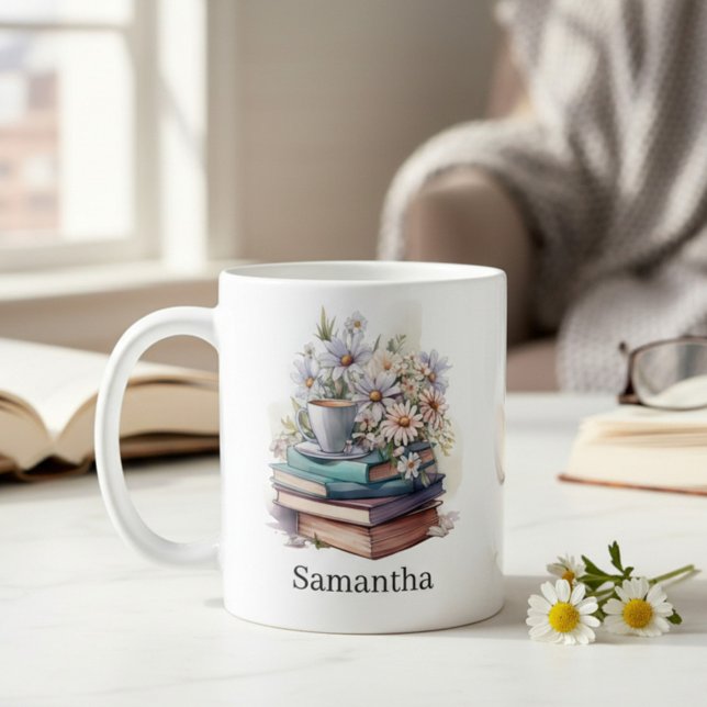 Personalisierte Blumen gestapelte Bücher Kaffeetasse (Von Creator hochgeladen)