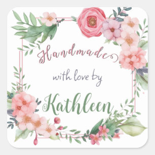 Personalisierte Blumen von Hand mit Liebe hergeste Quadratischer Aufkleber