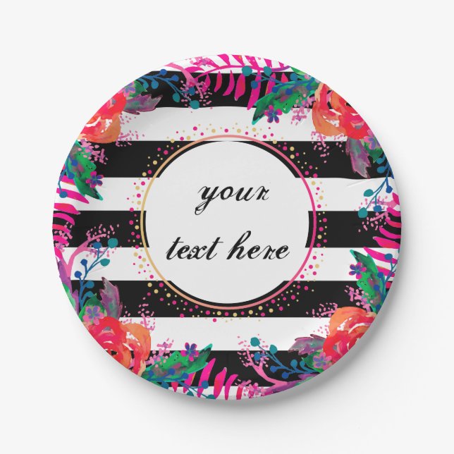 personalisierte Blumenbündel und schwarz gestreift Pappteller (Vorderseite)