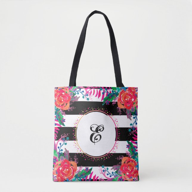 personalisierte Blumenbündel und schwarz gestreift Tasche (Vorderseite)