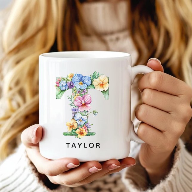 Personalisierte Blumenen Initialen-Tasse als Gesch Kaffeetasse (floral alphabet mug gift for her, custom mug birthday gift wife, floral monogram graduation for girl)