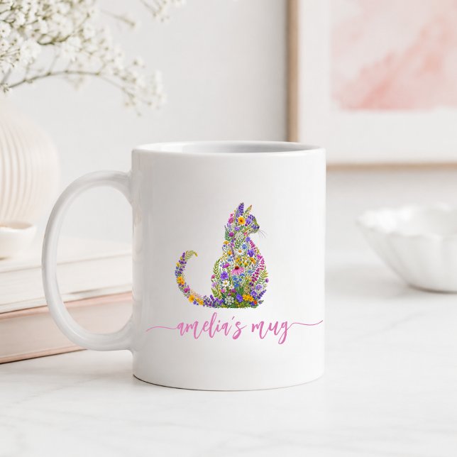 Personalisierte Blumenkatze Kitty Kaffeetasse (Personalized Floral Cat Kitty Coffee Mug)