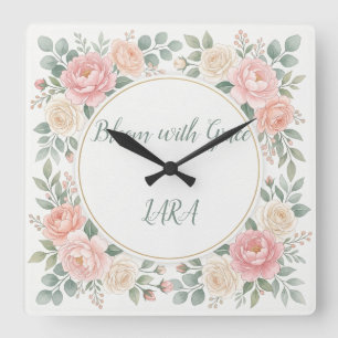 Personalisierte Blumenwanduhr Aquarell-Blumen Quadratische Wanduhr